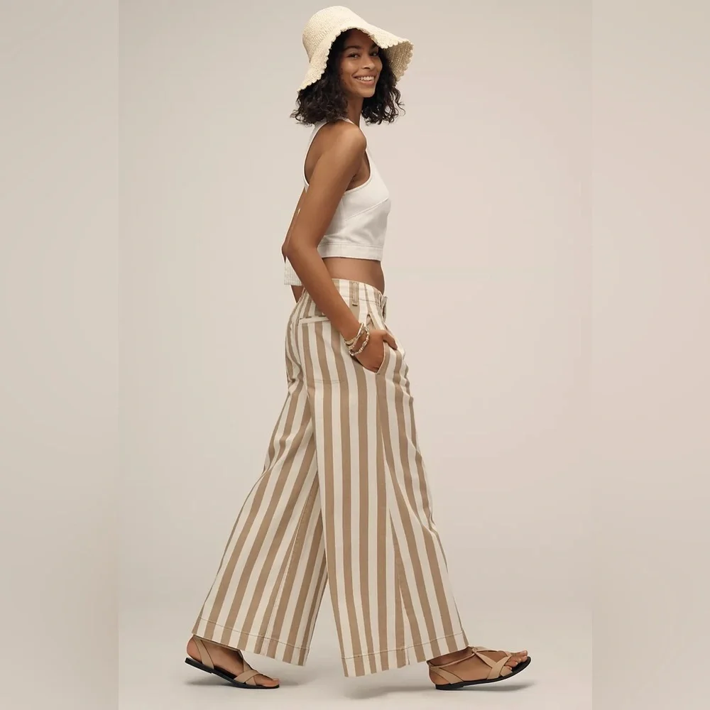 NWT! Anthropologie White & Beige Stripe Maeve High-Rise Wide-Leg Jeans 🔎 - Picture 3 of 5